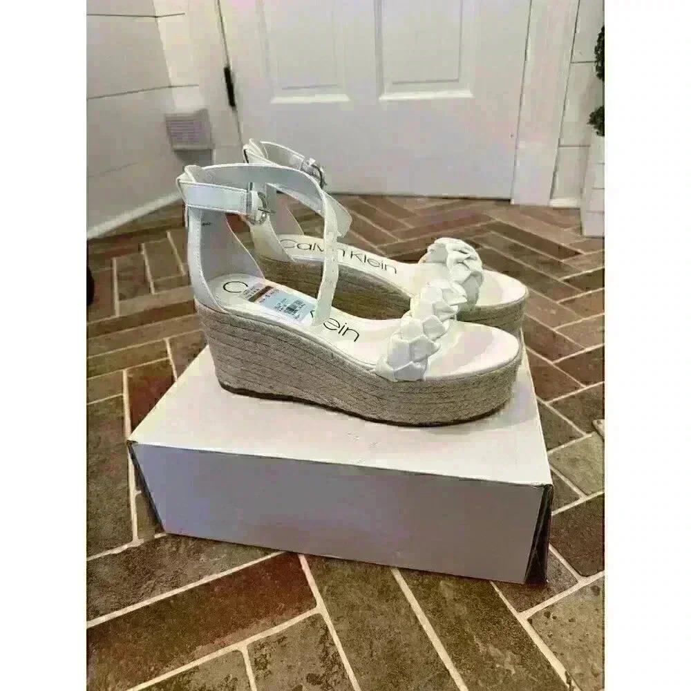 Calvin Klein White Braided Espadrille Wedge Sandals with Ankle Strap